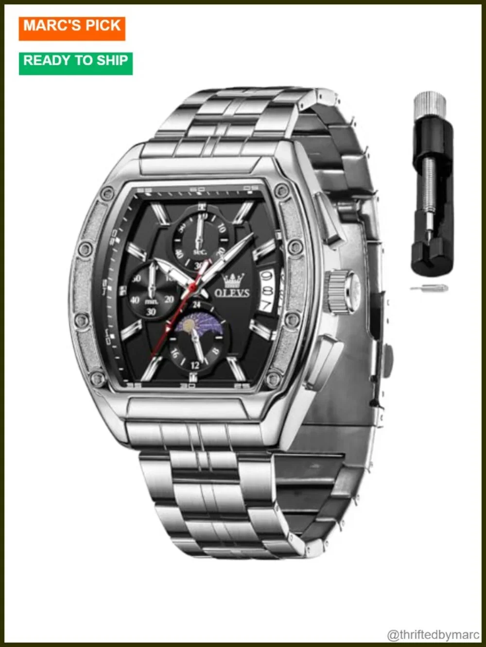 Mens Square Chronograph Quartz Watch Stainless Steel Leather Band Luminous Date